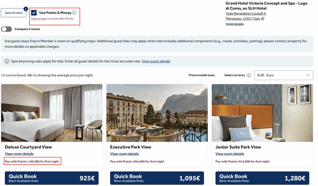 Points booking screen for example SLH property.